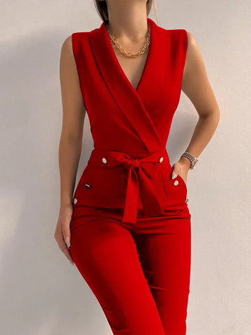 Women Casual V Neck Button Lace Up Sleeveless Jumpsuits