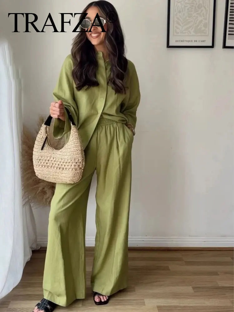 Women Casual Solid Blouse Pant Sets