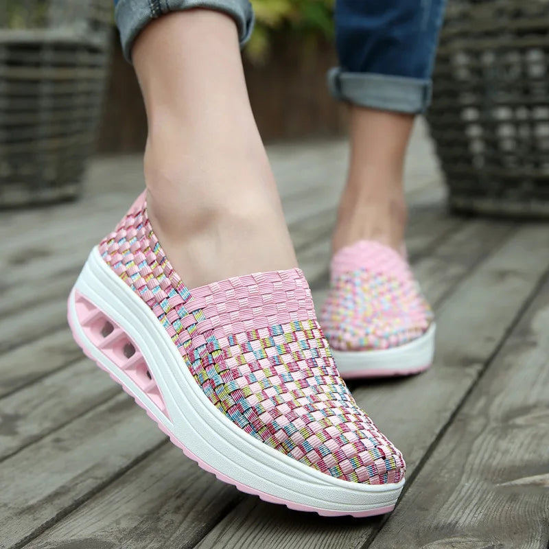 Women's Mixed Color Woven Wedge Rocking Sneakers