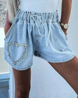 Rhinestone Pattern Drawstring Denim Shorts