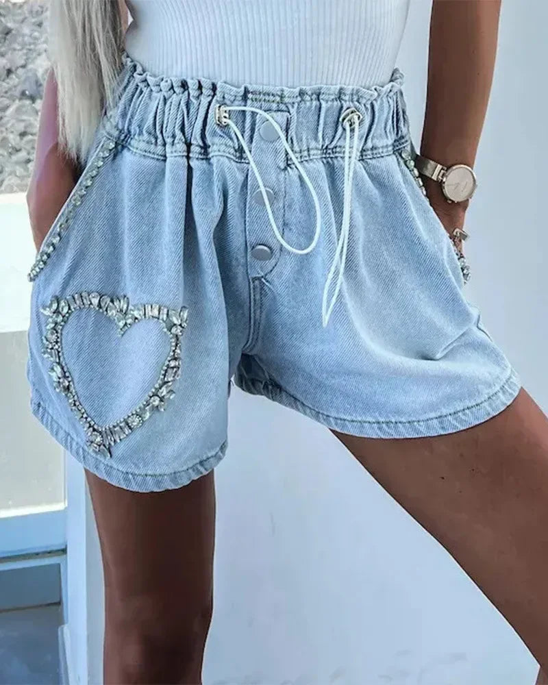 Rhinestone Pattern Drawstring Denim Shorts