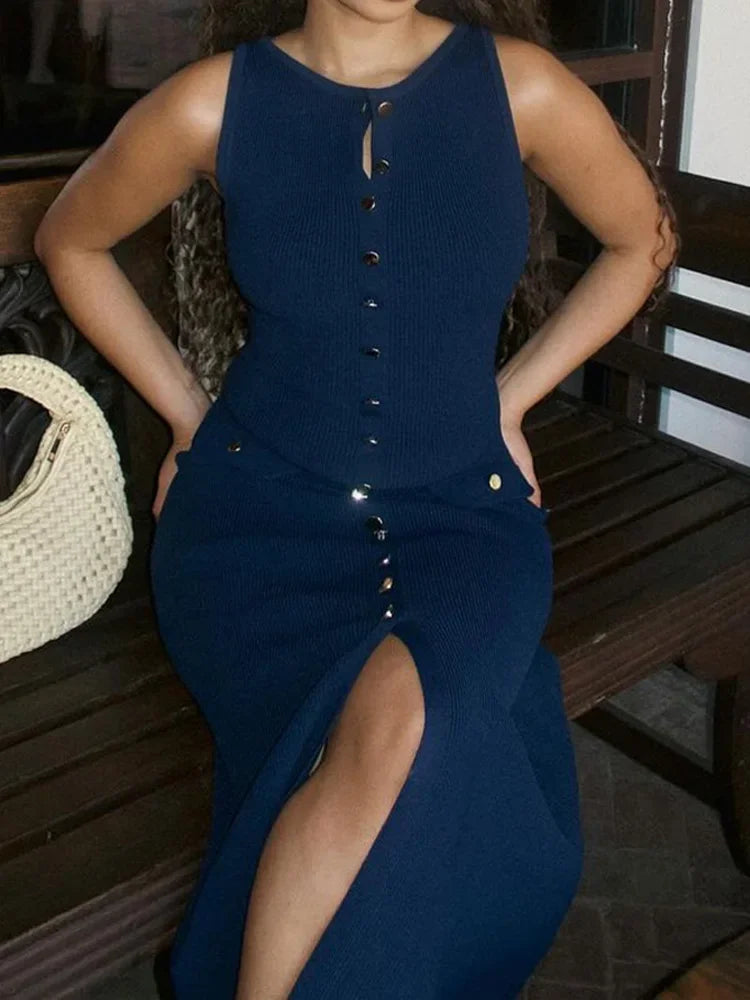 Elegant Single Breasted Knitted Long Dress