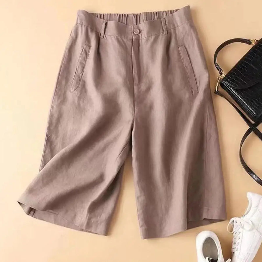 Women Cotton Linen Elastic Waistband Shorts