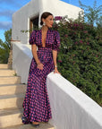 Summer New Purple Printed Deep V-neck Loose Long Dress