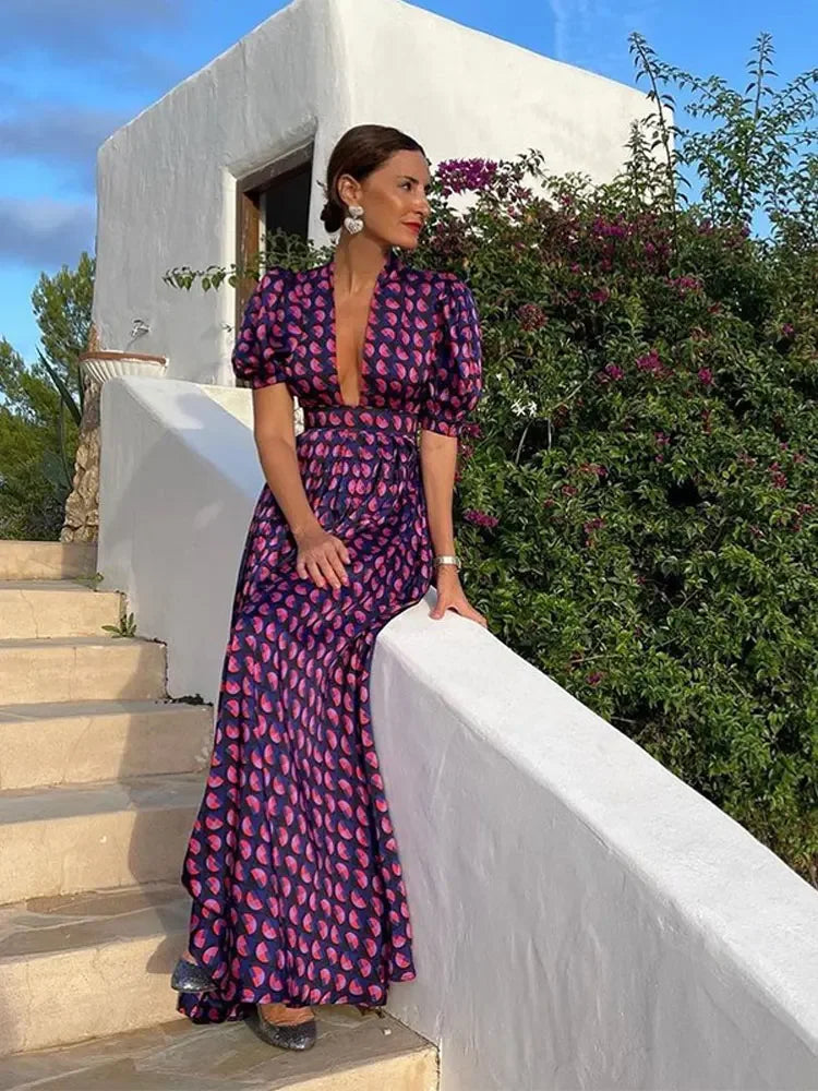 Summer New Purple Printed Deep V-neck Loose Long Dress