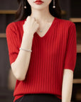 Women Short Sleeve V-neck Stripe  Sweater