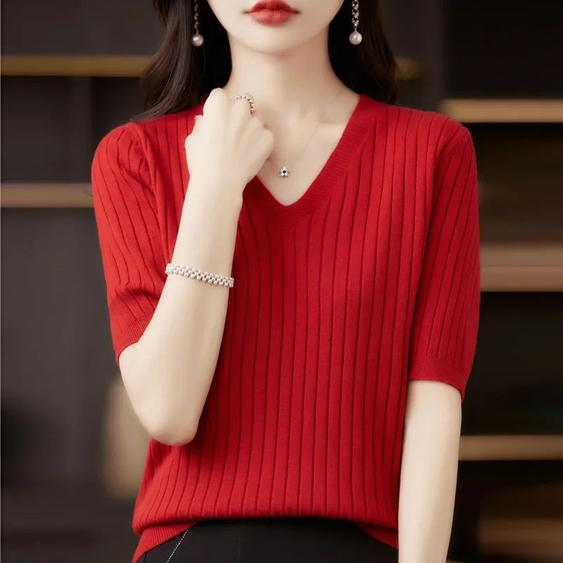 Women Short Sleeve V-neck Stripe  Sweater