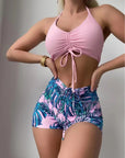 Tropical Print Drawstring High Waist Swimsuit