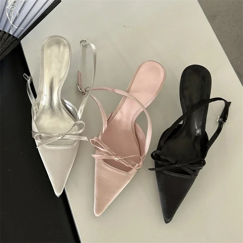 Women's Satin Pointed Toe Belt Buckle  Pumps Shoes