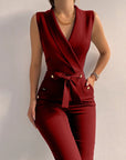 Women Casual V Neck Button Lace Up Sleeveless Jumpsuits