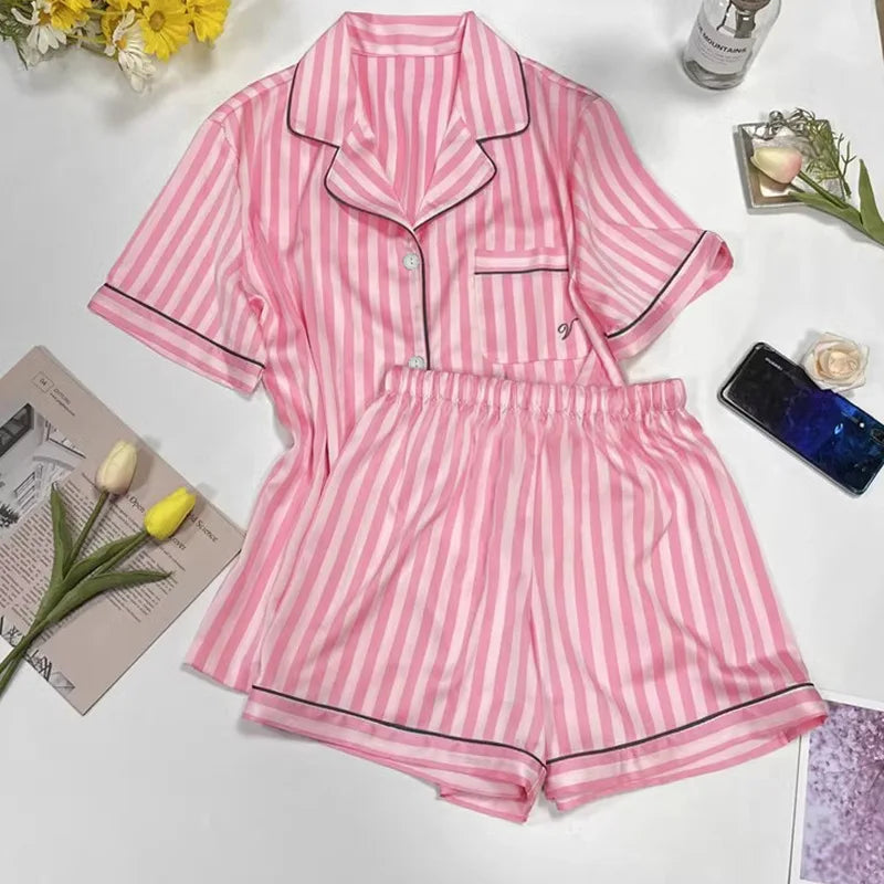 Women's  Print Striped 2 Piece Pajama Set