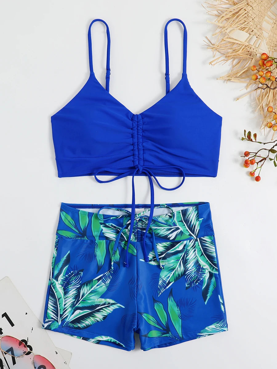 Tropical Print Drawstring High Waist Swimsuit