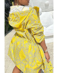 Plus Size Yellow Casual Print Hooded Drawstring Two Pieces Short Sets