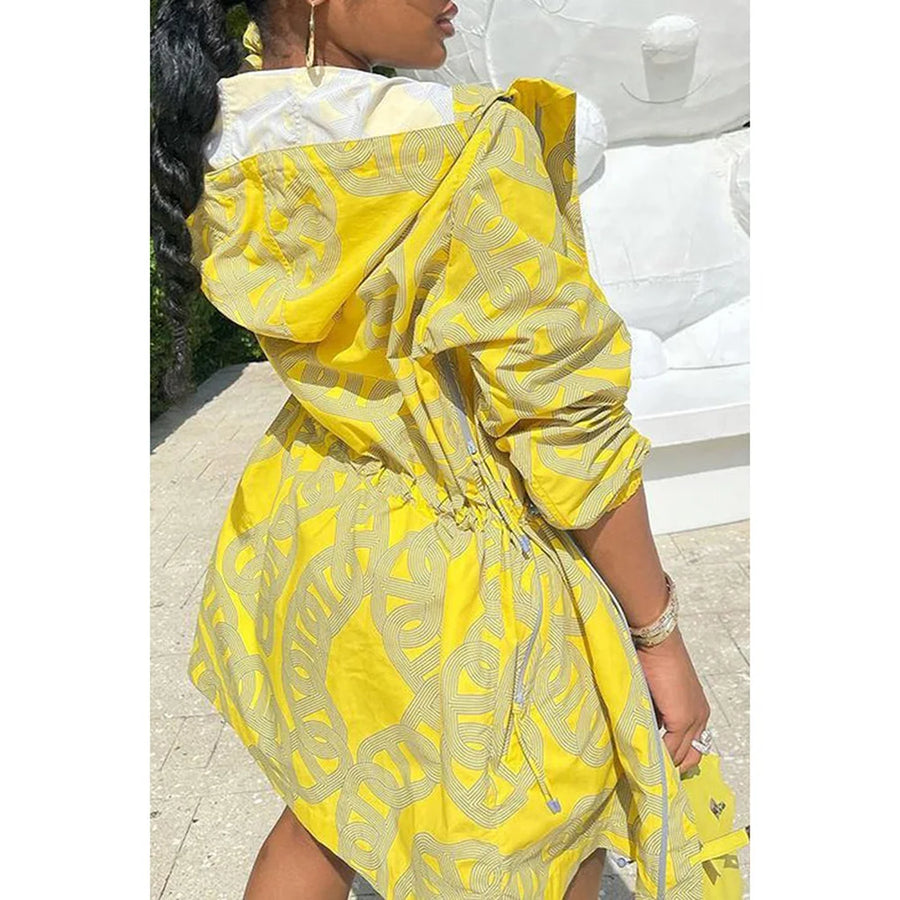 Plus Size Yellow Casual Print Hooded Drawstring Two Pieces Short Sets