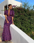 Summer New Purple Printed Deep V-neck Loose Long Dress