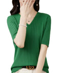 Women Short Sleeve V-neck Stripe  Sweater