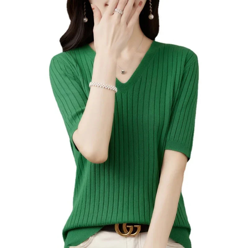 Women Short Sleeve V-neck Stripe  Sweater