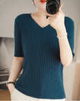 Women Short Sleeve V-neck Stripe  Sweater