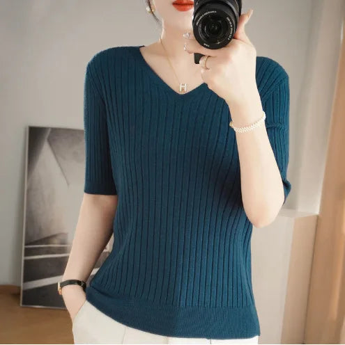 Women Short Sleeve V-neck Stripe  Sweater