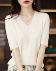 Women Short Sleeve V-neck Stripe  Sweater