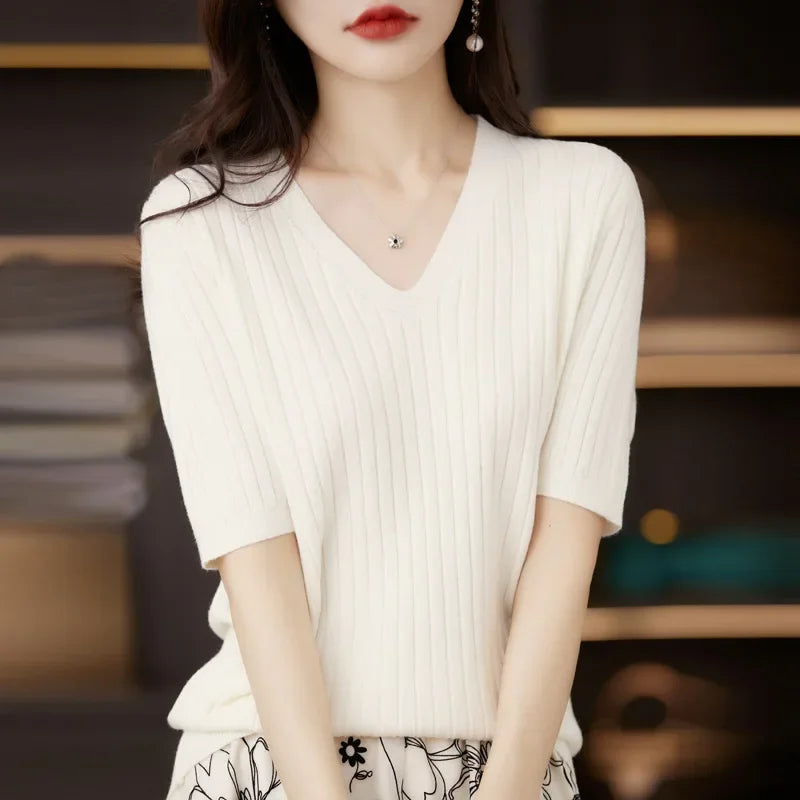 Women Short Sleeve V-neck Stripe  Sweater