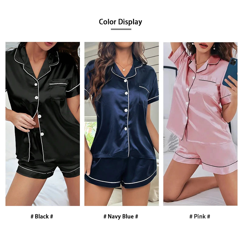 Summer Silk Satin Women Pajamas Set