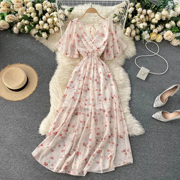 Retro Floral Print Ruffle Chiffon Elegant Midi Dress