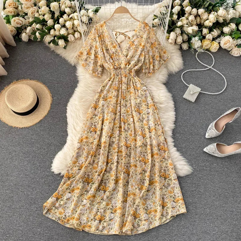 Retro Floral Print Ruffle Chiffon Elegant Midi Dress