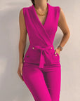 Women Casual V Neck Button Lace Up Sleeveless Jumpsuits