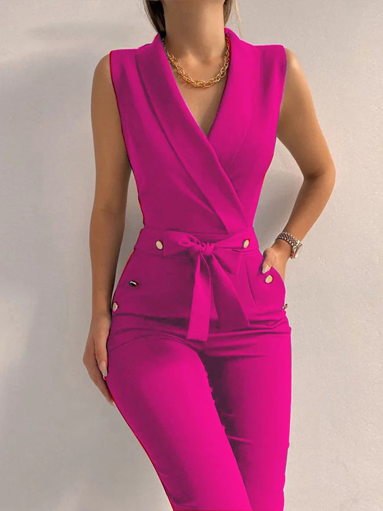 Women Casual V Neck Button Lace Up Sleeveless Jumpsuits