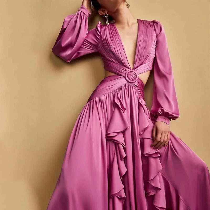 Elegant Fashion  Pleated Ruffled Long  Party Dress