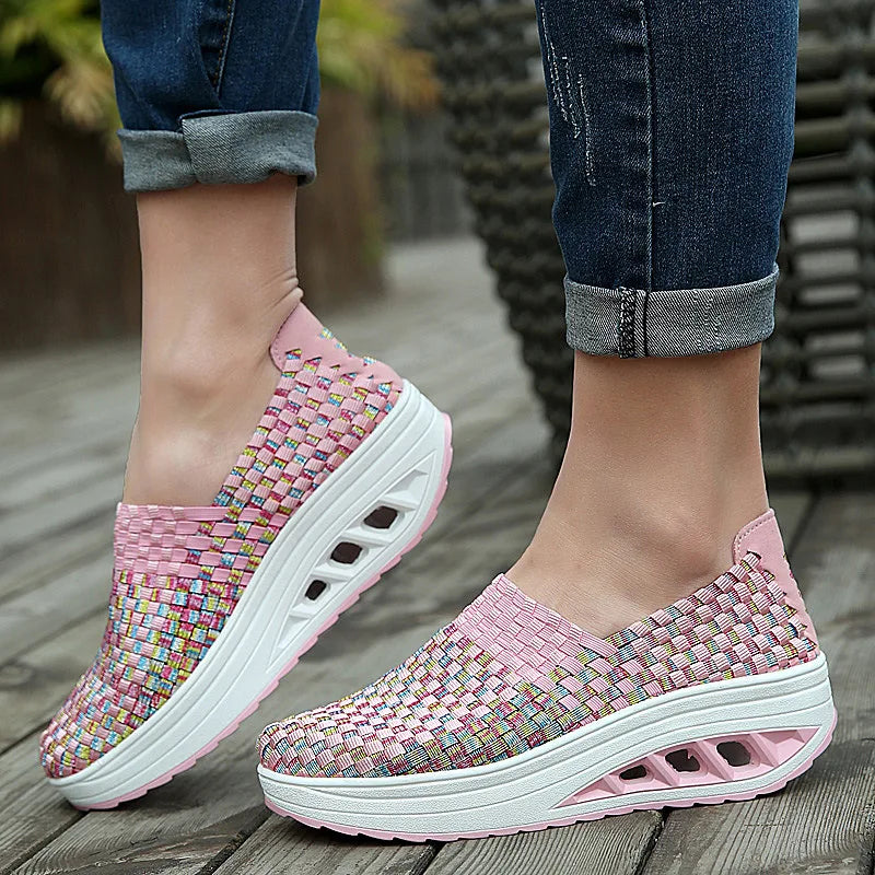 Women's Mixed Color Woven Wedge Rocking Sneakers