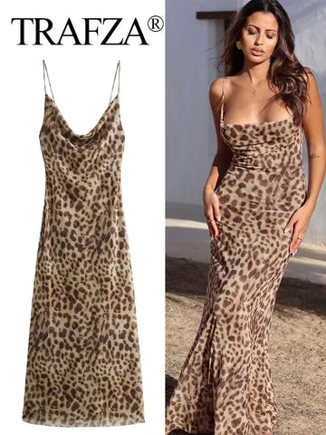 Summer New  Leopard Print Sleeveless Vintage Slim Long Dresses