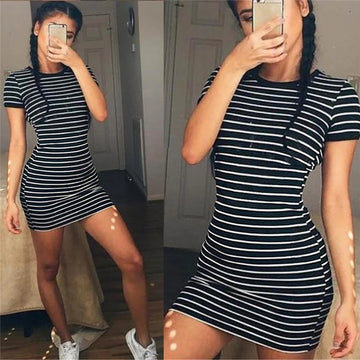 Summer Round Neck Black And White Striped Dresses