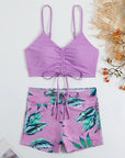 Tropical Print Drawstring High Waist Swimsuit