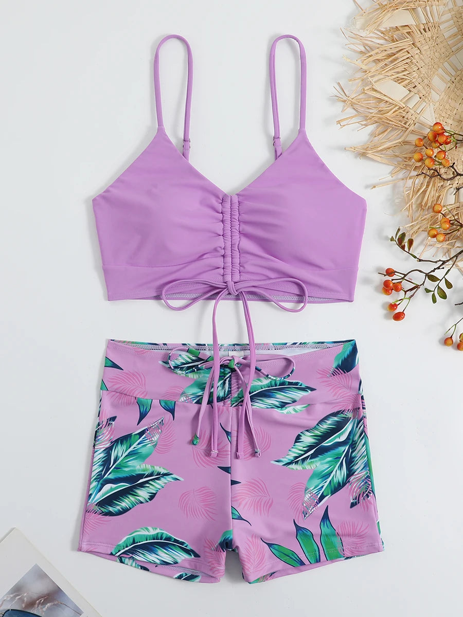 Tropical Print Drawstring High Waist Swimsuit