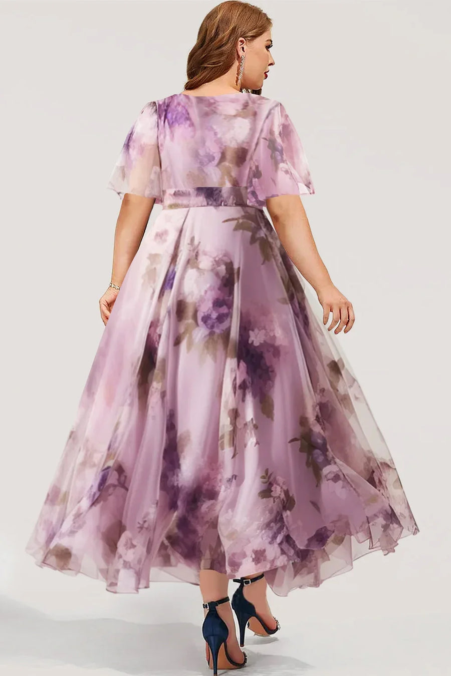 Women Plus Size Purple Floral Print  Elegant Dress