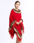 Faux Fox Fur Collar Tassel Pullover Knitting Cape And Shawl Coat