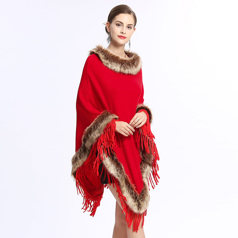 Faux Fox Fur Collar Tassel Pullover Knitting Cape And Shawl Coat