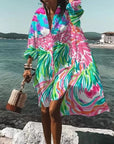 Women's Loose Digital Printing Long-sleeved Lapel Shirt Dress