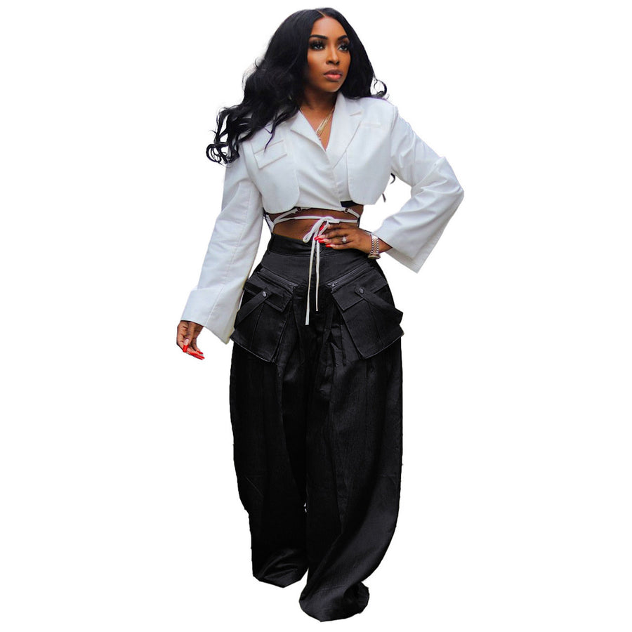 Fashion Women's Casual Detachable Three-dimensional Pocket Wide-leg Pants