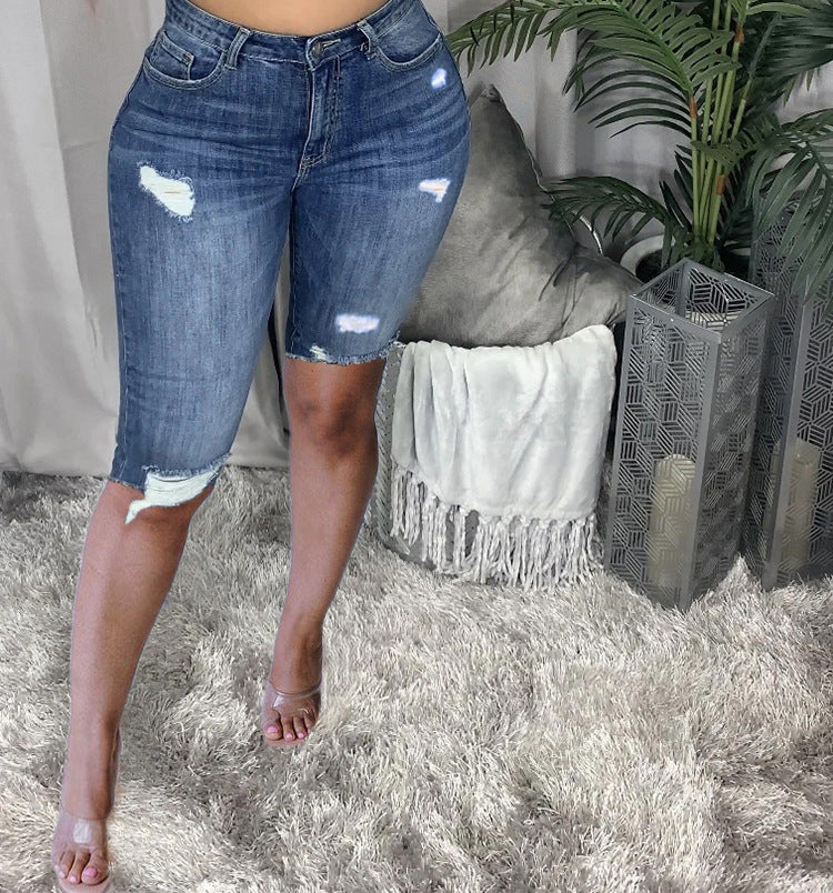 Women's Summer High Waist Stretch Slim-fit Mid-Denim Shorts