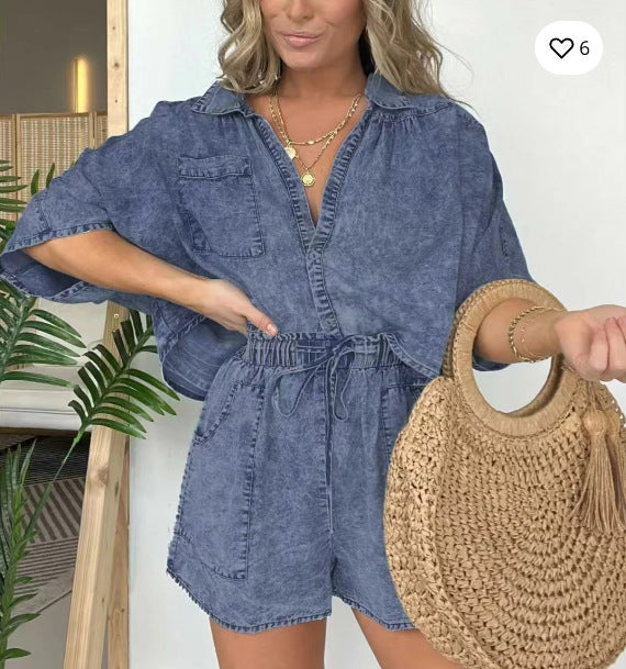 2pcs Loose Denim Suits Summer Casual Bat Sleeve Shirt And Drawstring Shorts With Pockets Women's Set