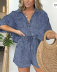 2pcs Loose Denim Suits Summer Casual Bat Sleeve Shirt And Drawstring Shorts With Pockets Women's Set