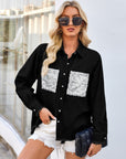 Fashion Loose Lapel Denim Shirt With Sequined Pockets Design Tops For Women