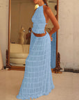 2pcs Women's Dress Suit Sexy Sleeveless Backless Cropped Halter Top And Pleated Long Dress