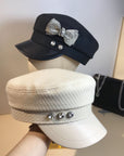 Splicing Socialite Flat Top Rhinestone Bow Navy Hat Female