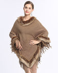 Faux Fox Fur Collar Tassel Pullover Knitting Cape And Shawl Coat