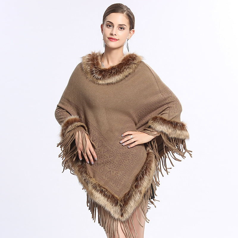 Faux Fox Fur Collar Tassel Pullover Knitting Cape And Shawl Coat