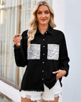 Fashion Loose Lapel Denim Shirt With Sequined Pockets Design Tops For Women